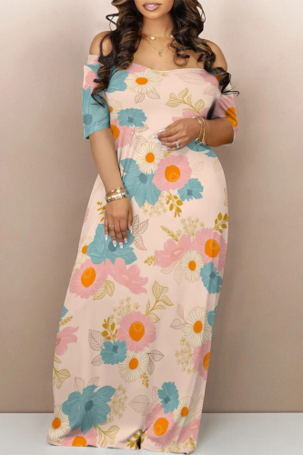 Casual Floral Print Off Shoulder Short Sleeve Baggy Floor Length Vacation Maxi Dresses