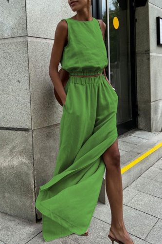 Casual O Neck Sleeveless Tank Crop Tops And Side Slit Wide Leg Pants Vacation Two Pieces Trouser Sets