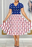 Casual Flag Star Print V Neck Short Sleeve Cinch Waist Vacation A Line Swing Midi Dress