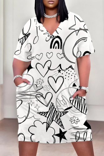 Casual Geometric Print V Neck Short Sleeve Baggy Plus Size T-shirts Midi Dresses