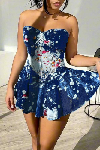Sexy Tie Dye Backless Strapless Sleeveless Ruffle Irregular Hem Denim Tube Pleated Mini Dress