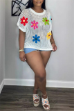 Knit Sexy Flowers Print O Neck Shorts Sleeves Hollow Out See-Through Oversize T-Shirts