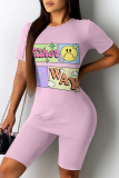 Casual Cartoon Print O Neck Short Sleeve Slim Fit T-shirts And Shorts Two Pieces Shorts Sets