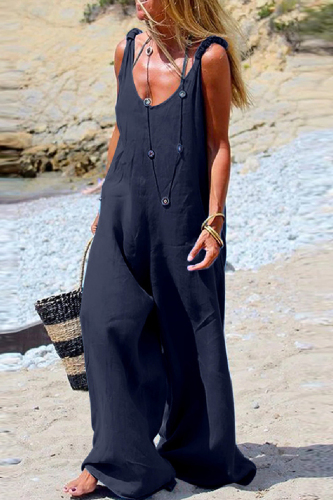 Casual Basic V Neck Sleeveless Off Shoulder Vacation Wide Leg Jumpsuits