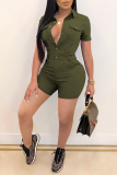 Casual Turndown Collar Short Sleeve Buttons Bodycon Playsuits Rompers