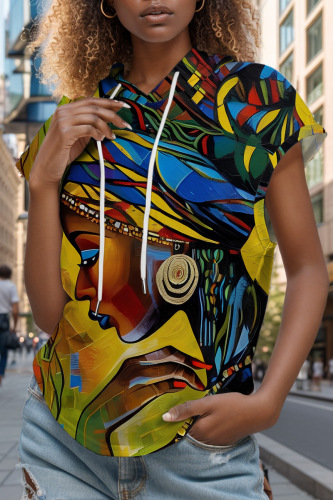 Casual Figure Print Basic Sleeveless Hooded Oversize T-shirts Tops