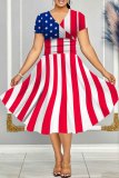 Casual Flag Star Print V Neck Short Sleeve Cinch Waist Vacation A Line Swing Midi Dress