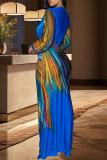 Celebrities Rainbow Print V Neck Long Sleeve Floor Length Cinch Waist Mermaid Hem Formal Patry Evening Long Maxi Dresses