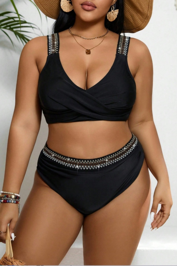 Sexy Sequins Decor Backless Sleeveless V Neck Tankini Sets Beach Vacation Plus Size Swimwear (With Paddings)
