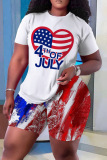 Casual Flag Star Print Basic O Neck Short Sleeve Oversize T-shirt And Shorts Two Pieces Shorts Sets