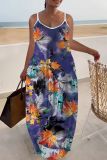 Sexy Graphics Print Backless Sleeveless Spaghetti Strap Floor Length Long Baggy Slip Maxi Dresses