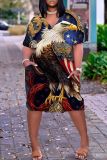 Casual Flag Star Print Basic V Neck Short Sleeve Baggy T-shirt Midi Dress