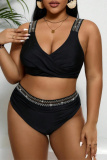 Sexy Sequins Decor Backless Sleeveless V Neck Tankini Sets Beach Vacation Plus Size Swimwear (With Paddings)