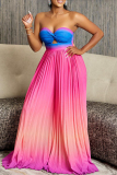 Strapless Backless Sleeveless Rainbow Color Hollow Out Vacation Loose Tube Pleated Wide Leg Jumpsuits