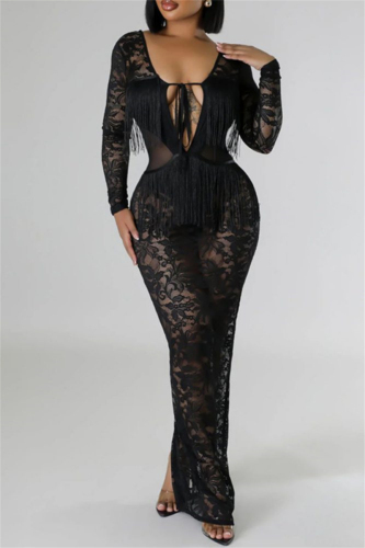 Sexy Lace Flower Print Backless Deep V Neck Fringed Trim Lace Up See-Through Silt Formal Party Evening Long Bodycon Maxi Dresses