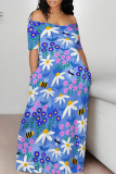 Casual Floral Print Off Shoulder Short Sleeve Baggy Floor Length Vacation Maxi Dresses