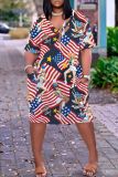 Casual Flag Star Print Basic V Neck Short Sleeve Baggy T-shirt Midi Dress
