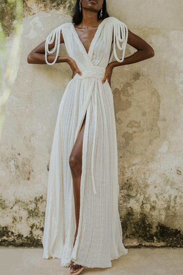 Sexy V Neck Sleeveless Strap Design Braid Trim Front Slit Vacation Beach A Line Maxi Dresses