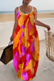 Sexy Graphics Print Backless Sleeveless Spaghetti Strap Floor Length Long Baggy Slip Maxi Dresses