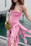 Sexy Sleeveless Backless Fringed Ruffle Irregular Hem Vacation Party Halter Mini Dresses