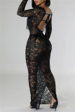 Sexy Lace Flower Print Backless Deep V Neck Fringed Trim Lace Up See-Through Silt Formal Party Evening Long Bodycon Maxi Dresses