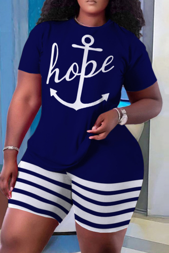 Casual Skull Finger Letter Print Stripe O Neck Short Sleeve Oversize T-shirt And Shorts Two Pieces Shorts Sets