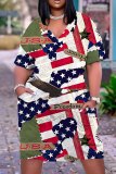 Casual Flag Star Print Basic V Neck Short Sleeve Baggy T-shirt Midi Dress
