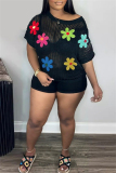Knit Sexy Flowers Print O Neck Shorts Sleeves Hollow Out See-Through Oversize T-Shirts