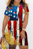 Casual Flag Star Print O Neck Short Sleeve T-shirt Midi Dress