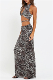 Sexy Leopard Print Backless Sleeveless Hollow Out Lace Up Halter Crop Tops And Maxi Skirts  Vacation Two Pieces Dress Sets