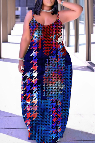Sexy Graphics Print Backless Spaghetti Strap Sleeveless Floor Length Long Baggy Slip Maxi Dresses