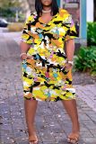 Casual Cartoon Print V Neck Short Sleeve African Baggy T Shirt Midi Dress