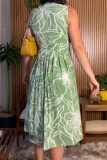 Casual Floral Print V Neck Sleeveless Cinch Waist Vacation A Line Pleated Midi Tank Dresses