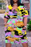 Casual Cartoon Print V Neck Short Sleeve African Baggy T Shirt Midi Dress