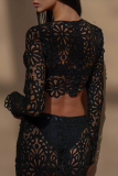 Sexy Lace Floral Print O Neck Long Sleeve Hollow Out Crop Tops And Mermaid Hem Maxi Skirts Beach Vacation Two Pieces Dress Sets