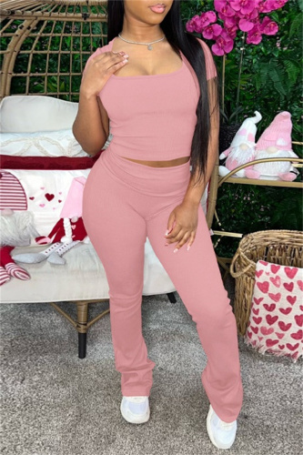 Casual U Neck Short Sleeve Skinny Crop Tops And Pants Two Pieces Tourser Sets