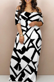 Casual Geometric Print Backless Off Shoulder Short Sleeve Floor Length Vacation Long Maxi Dresses
