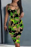 Casual Camouflage Print U Neck Sleeveless Vacation Bodycon Midi Tank Dress
