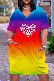 Casual Graphics Print Basic V Neck Short Sleeve Baggy T-shirt Midi Dress