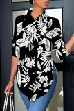Casual Graphics Print Long Sleeve Turndown Collar Side Slit Irregular Hem Blouse