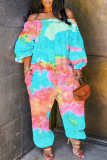 Casual Rainbow Color Print Off Shoulder Long Sleeve Pockets Harem Jumpsuits
