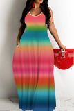 Casual Rainbow Color Print Backless Sleeveless Spaghetti Strap Long Vacation Floor Length Baggy Slip Maxi Dresses