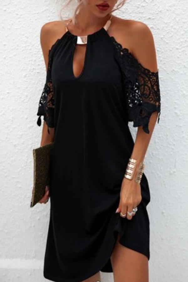 Cold Shoulder Lace Short Sleeve Metal Ring Decor Neck Hollow Out Vacation Halter A Line Mini Dress