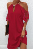Cold Shoulder Lace Short Sleeve Metal Ring Decor Neck Hollow Out Vacation Halter A Line Mini Dress