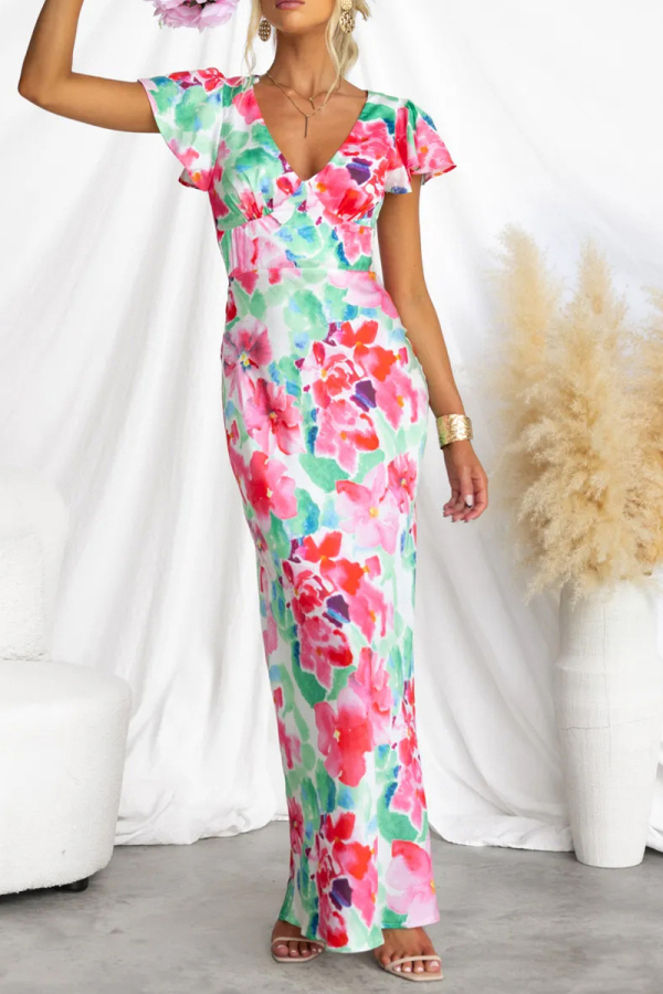 Sweet Vacation Floral V Neck Waist Skirt Dresses