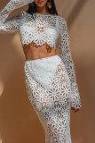 Sexy Lace Floral Print O Neck Long Sleeve Hollow Out Crop Tops And Mermaid Hem Maxi Skirts Beach Vacation Two Pieces Dress Sets