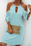Cold Shoulder Lace Short Sleeve Metal Ring Decor Neck Hollow Out Vacation Halter A Line Mini Dress