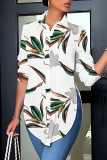 Casual Graphics Print Long Sleeve Turndown Collar Side Slit Irregular Hem Blouse