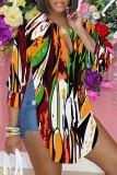 Casual Graphics Print Long Sleeve Turndown Collar Side Slit Irregular Hem Blouse Shirt Tops
