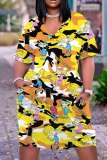 Casual Cartoon Print V Neck Short Sleeve African Baggy T Shirt Midi Dress
